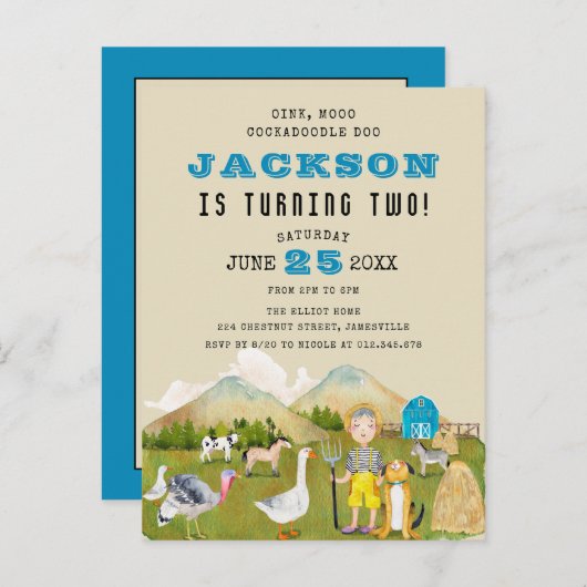 Folk Art Boerderij Barnyard Animals Verjaardag Uitnodiging Briefkaart (Voorkant / Achterkant)