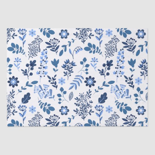 Folk Art Botanische Floral Afdrukken Blauwe Witte  Tissuepapier (Voorkant)