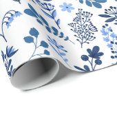 Folk Art Botanische Floral Afdrukken Indigoblauw W Cadeaupapier (Rol Hoek)