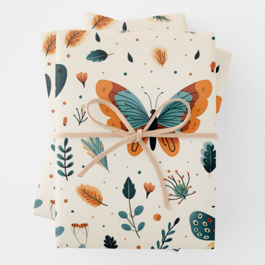 Folk Art Butterflies with Teal and Terracotta Inpakpapier Vel (In situ)