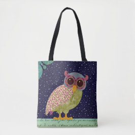 Folk Art Calico Pattern Owl bij nacht Tote Bag