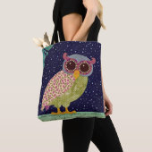 Folk Art Calico Pattern Owl bij nacht Tote Bag (Dichtbij)