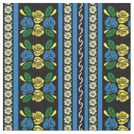 Folk Art Canal Narrowboat Blue Yellow Roses Stof