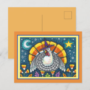 FOLK ART CANDY CORN TURKEY PILGRIM, THANKSGIVING BRIEFKAART