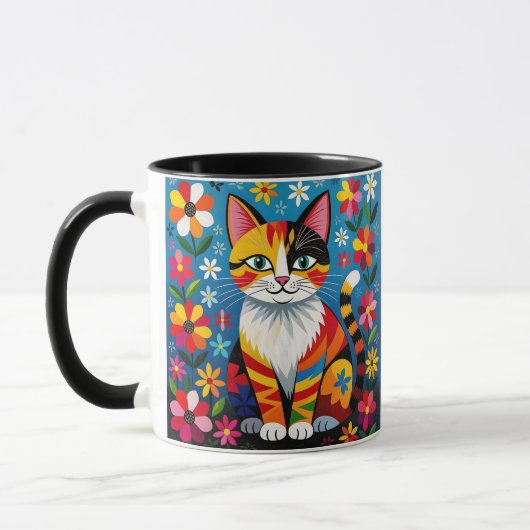 Folk Art Cat, Flowers & Butterfly Personalized Mok (Links)