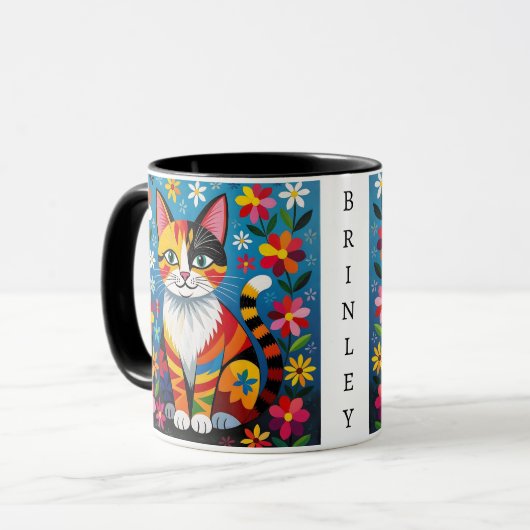 Folk Art Cat, Flowers & Butterfly Personalized Mok (Voorkant links)
