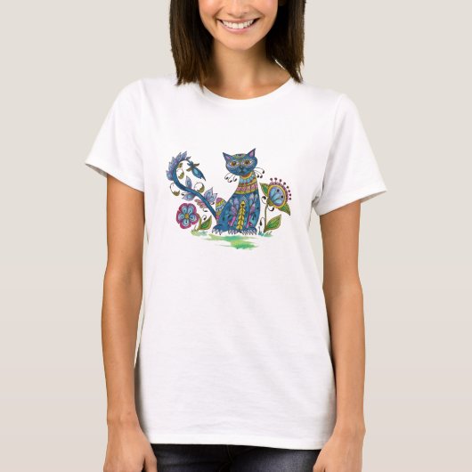 Folk Art Cat met Attitude T-shirt (Voorkant)