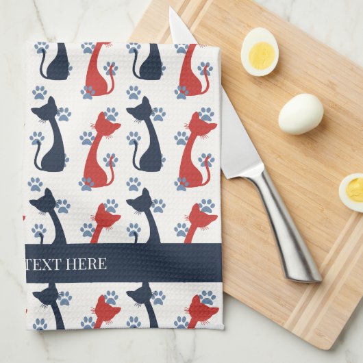 Folk Art Cat Pattern | Farmhouse Theedoek (Quarter Fold)