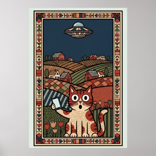 Folk Art Cat with UFO in Countryside Whimsical Poster (Voorkant)