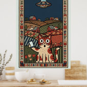 Folk Art Cat with UFO in Countryside Whimsical Poster (Keuken)