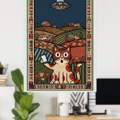Folk Art Cat with UFO in Countryside Whimsical Poster (Thuiskantoor)