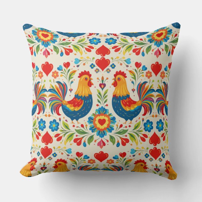 Folk art chicken floral pillow kussen (Voorkant)