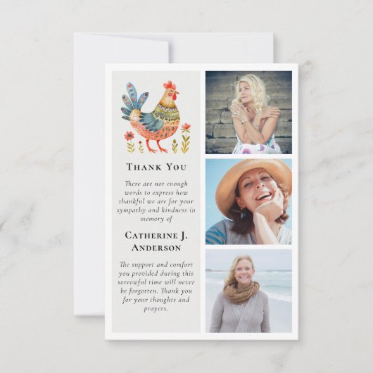 Folk Art Chicken Fotosympathie Begrafenis Bedankkaart (Voorkant)