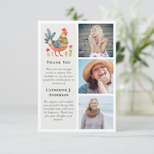 Folk Art Chicken Fotosympathie Begrafenis Bedankkaart (Staand voorkant)