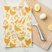 Folk Art Chickens & Ducks in Goldenrod Yellow Theedoek (Quarter Fold)