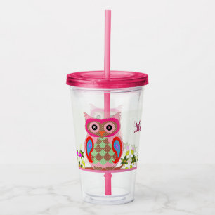 Folk Art Colorful Patchwork Owl Acryl Drinkbeker