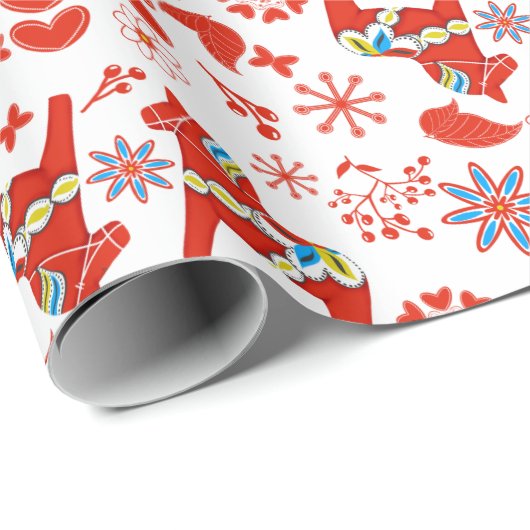 Folk Art Dala Swedish Red Horse Floral Pattern Cadeaupapier (Rol Hoek)