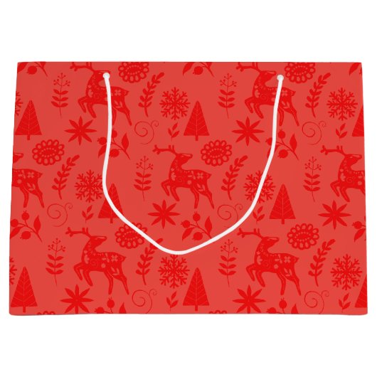 Folk Art Deer Botanical Red Large Gift Bag Groot Cadeauzakje (Voorkant)