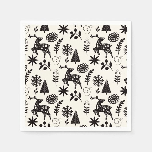 Folk Art Deer Forest Black and White  Servet (Voorkant)