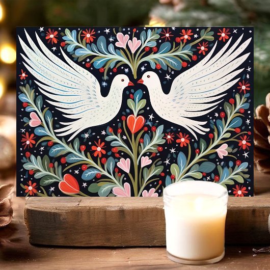 Folk Art Duiven en Bloemen Kerstmis Feestdagen Kaart