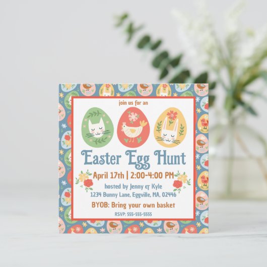 Folk Art Easter Egg Cat, Bunny, Chick Easter Kaart (Staand voorkant)