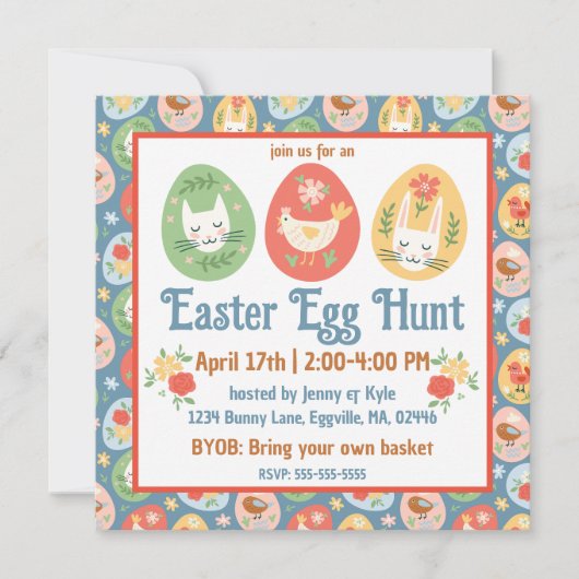 Folk Art Easter Egg Cat, Bunny, Chick Easter Kaart (Voorkant)