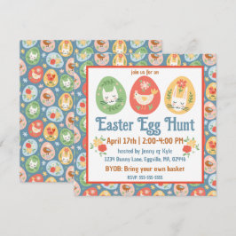 Folk Art Easter Egg Cat, Bunny, Chick Easter Kaart