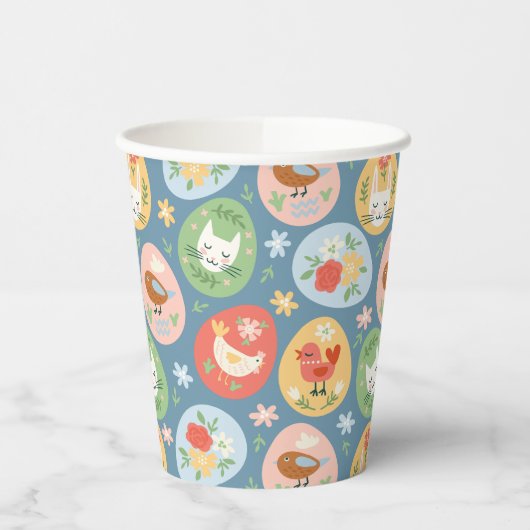 Folk Art Easter Egg Cat, Bunny, Chick Easter Papieren Bekers (Links)