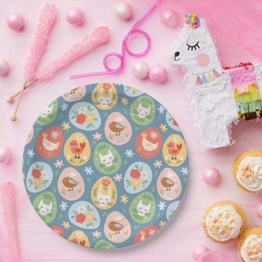 Folk Art Easter Egg Cat, Bunny, Chick Easter Papieren Bordje (Feest)