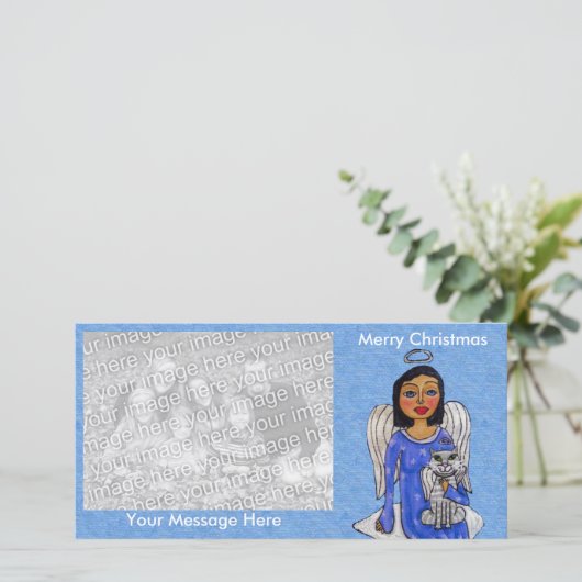 Folk Art Engel Blauw Jurk Wit Engel Kat Cloud Feestdagenkaart (Staand voorkant)