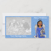 Folk Art Engel Blauw Jurk Wit Engel Kat Cloud Feestdagenkaart (Voorkant)