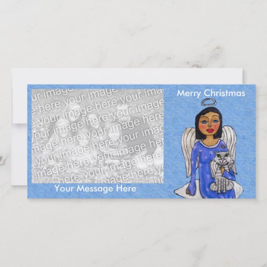 Folk Art Engel Blauw Jurk Wit Engel Kat Cloud Feestdagenkaart (Voorkant)