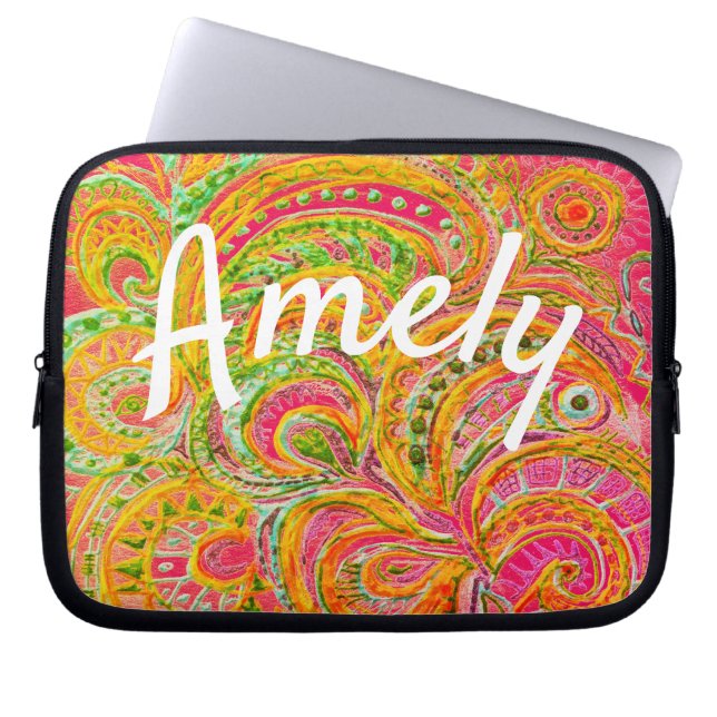Folk Art Fantasy Pattern & Your Name Laptop Sleeve (Voorkant)