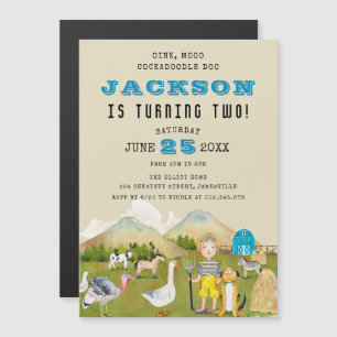 Folk Art Farm Animals Boy 2e verjaardag Magnetische Uitnodiging