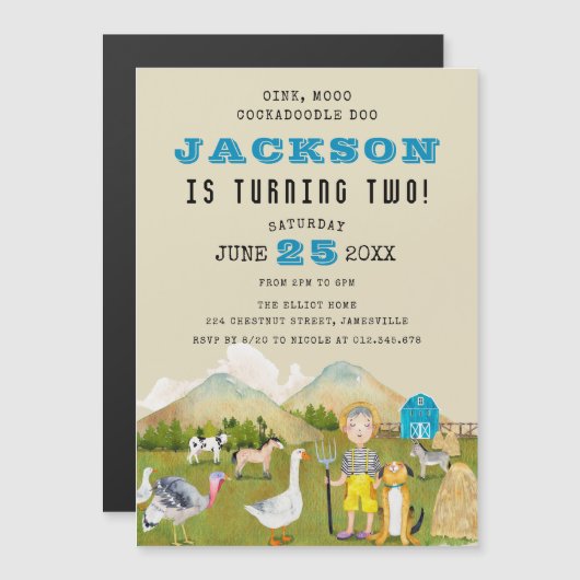  Folk Art Farm Animals Boy 2e verjaardag Magnetische Uitnodiging (Voorkant / Achterkant)