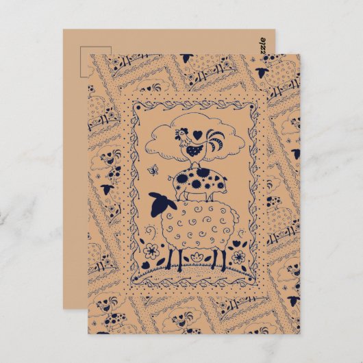 FOLK ART FARM ANIMALS SHEEP PIG ROOSTER Primium Briefkaart (Voorkant / Achterkant)