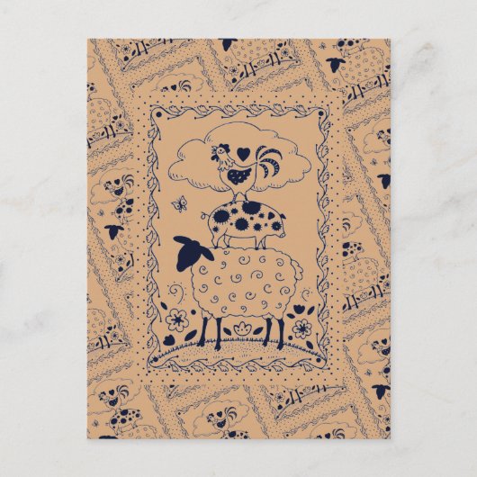 FOLK ART FARM ANIMALS SHEEP PIG ROOSTER Primium Briefkaart (Voorkant)