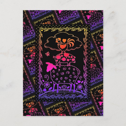 FOLK ART FARM ANIMALS SHEEP PIG ROOSTER Primium Briefkaart (Voorkant)