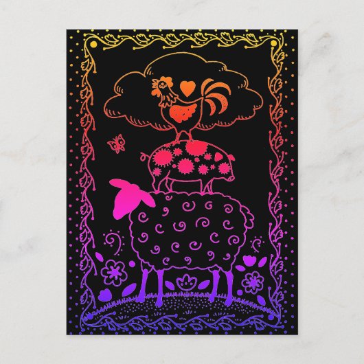 FOLK ART FARM ANIMALS SHEEP PIG ROOSTER Primium Briefkaart (Voorkant)