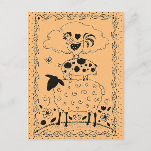 FOLK ART FARM ANIMALS SHEEP PIG ROOSTER Primium Briefkaart