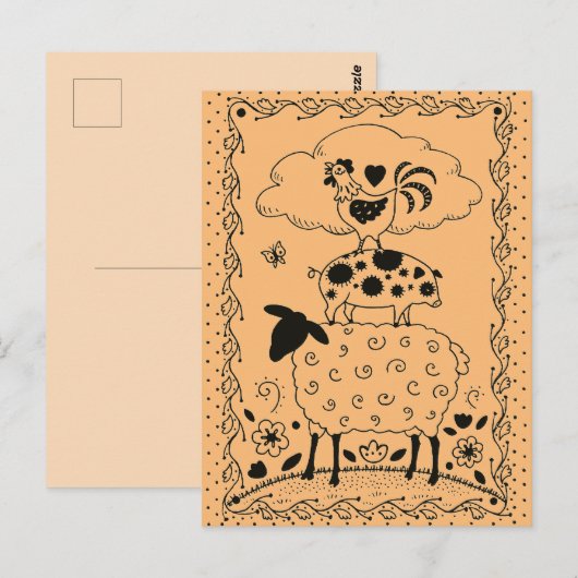 FOLK ART FARM ANIMALS SHEEP PIG ROOSTER Primium Briefkaart (Voorkant / Achterkant)