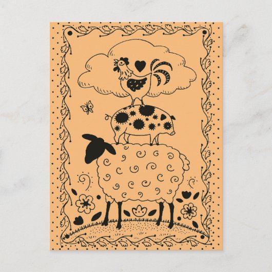 FOLK ART FARM ANIMALS SHEEP PIG ROOSTER Primium Briefkaart (Voorkant)