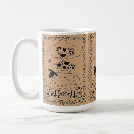 FOLK ART FARM ANIMALS SHEEP PIG ROOSTER Primium Koffiemok (Links)