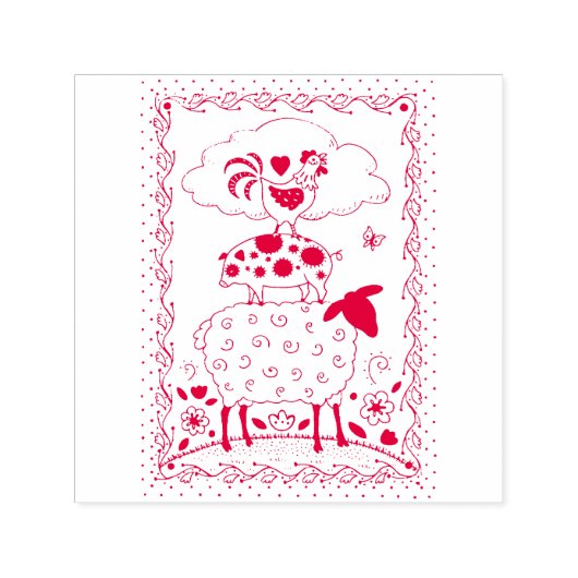 FOLK ART FARM ANIMALS SHEEP PIG ROOSTER Primium Zelfinktende Stempel (Design)