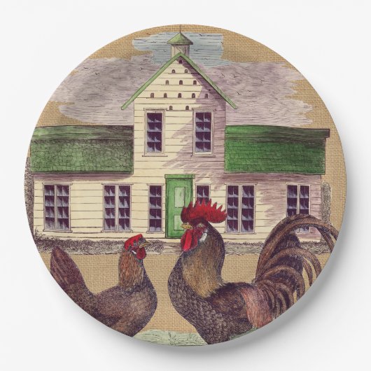 Folk Art Farmyard Chickens Rustisch design Papieren Bordje (Voorkant)
