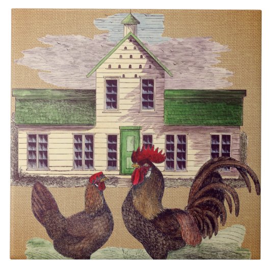 Folk Art Farmyard Chickens Rustisch design Tegeltje (Voorkant)