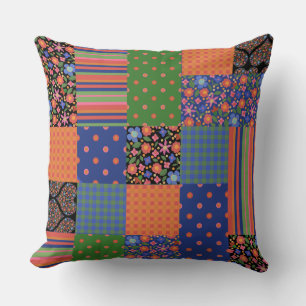 Folk Art Faux Patchwork, Floral, Polkas, Checks Kussen