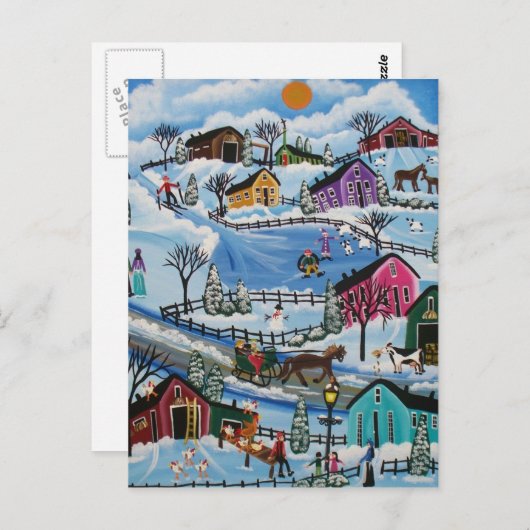 FOLK ART First Day Snow LORI EVERETT briefkaart (Voorkant / Achterkant)