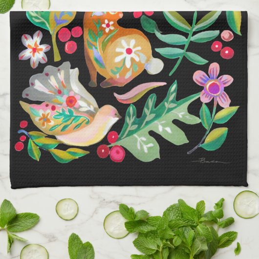 Folk Art Floral Animal Friends Black Theedoek (Gevouwen)