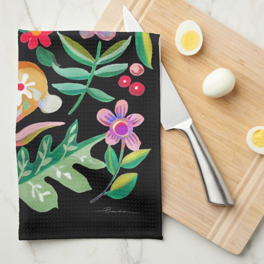 Folk Art Floral Animal Friends Black Theedoek (Quarter Fold)